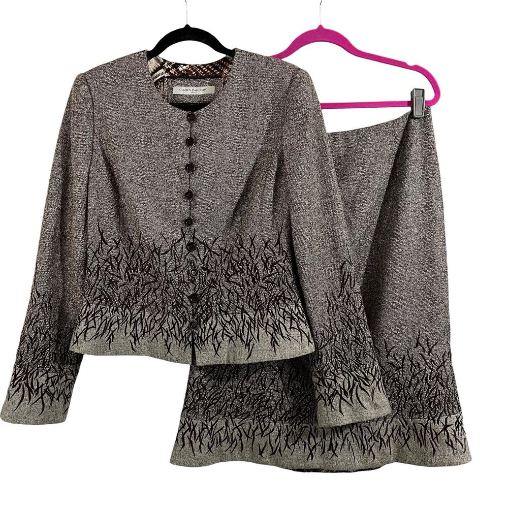 Carmen Marc Valvo Atelier Tweed Wool Silk Embroidered Blazer Skirt Suit Sz 14
